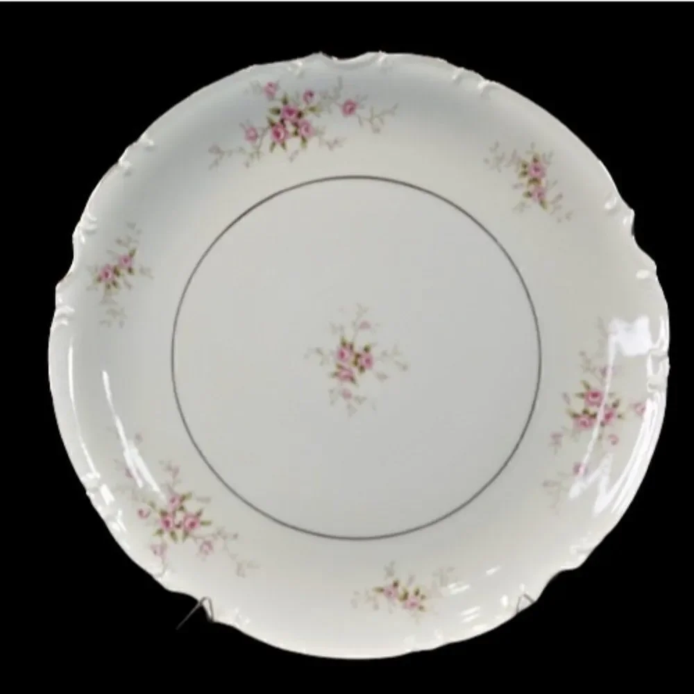 Mikasa VERSAILLES 9344 Vegetable Serving Bowl 9 Inch Silver Trim Pink Roses